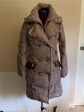 Women’s Houndstooth Double-Breasted Puffer Coat - Brown/Black Mix